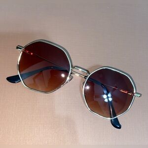 Hexagonal Gold rimmed Sunglasses with Brown Lenses